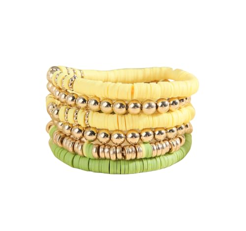 Pingyongchang Heishi Gold Beaded Bracelets Set for Women Men Bohemian Polymer Clay Colorful Surfer Vinyl Disc Stretch Layering Stackable Friendship Boho Bracelet Summer Beach Jewelry Gifts - color: Yellow