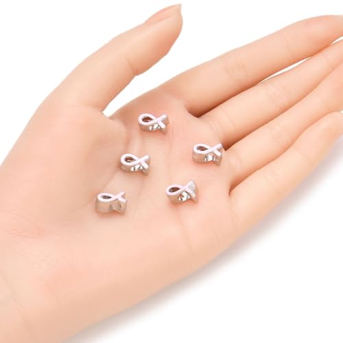 20pcs Pink Ribbon Symbol of Awareness Large Hole Enamel Loose Beads (4.5mm Hole) Antique Silver Metal Spacer for DIY Craft Jewelry Making MEC-C14 - size: Pink Ribbon