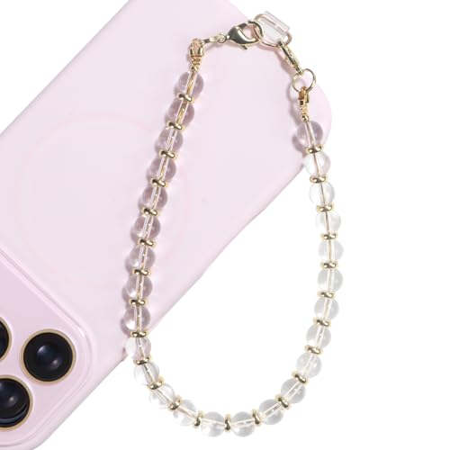 TEAMOLA Natural Stone Phone Charm, Handmade Crystal Cellphone Chain for Universal, Beaded Healing Anti Theft Phone Wrist Strap with Tether Tab, Clear Quartz - color: Clear