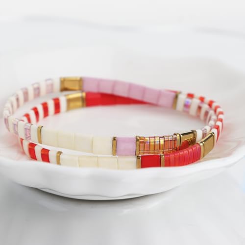 Tila Beaded Stretch Strand Bracelets for Women, Cute Boho Stackable Handmade Colorful Mixed Flat Square Beads Elastic Beach Surfer Bracelet Trendy Jewelry Friend Gift - color: 0901E