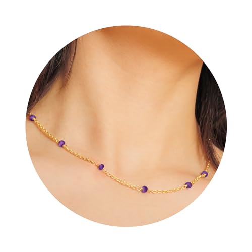 Dainty Gold Necklace for Women,Trendy 18k Gold Vermeil Sterling Silver Choker Necklace Thin Beaded Choker Necklaces Womens Simple Jewelry Gift for Valentines Day - color: February - Amethyst