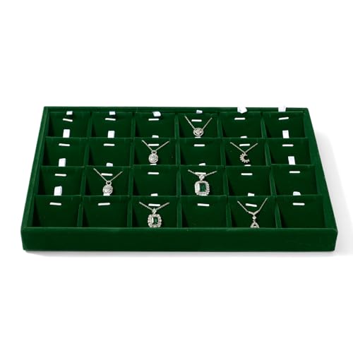 24 Grids Velvet Necklace Tray Necklace Holder Storage Jewelry Display Tray for Drawers With Removable Jewellery Cards for Bracelet Chain Pendant (Green) - size: 24 Grid With Insert
