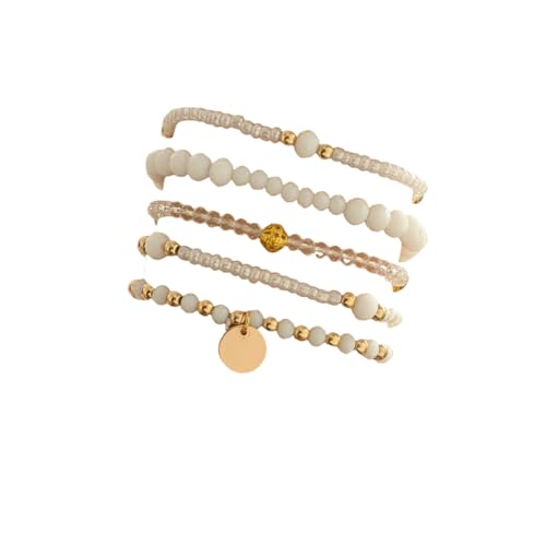 5Pcs Bohemian Multilayer Crystal Beads Stackable Bracelets Y2K Circle Disc Coin Pendant Colorful Beaded Elastic Stretch Bracelets for Women Boho Beach Vacation Holiday Jewelry Gift - color: White