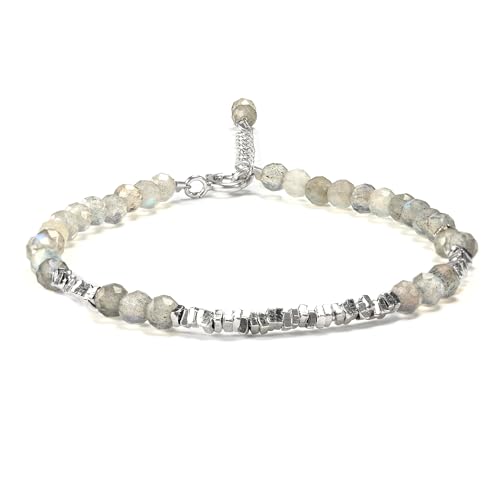 Natural Crystal Cut Bead Bracelet, 925 Silver Faceted Gemstone Jewelry for Women, Handmade Chakra Design Gift for Birthday Christmas Daily Wear - color: Metallic Moonstone