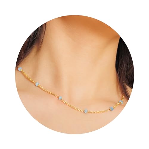 Dainty Gold Necklace for Women,Trendy 18k Gold Vermeil Sterling Silver Choker Necklace Thin Beaded Choker Necklaces Womens Simple Jewelry Gift for Valentines Day - color: March - Aquamarine