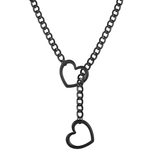sroyte Heart Slip Chain Necklaces for Women,Stainless Steel O-Ring Adjustable Lariat Y-Necklace,Punk Gothic Cuban Collar Choker Necklace for women - color: Chunky Black Heart, size: 25"