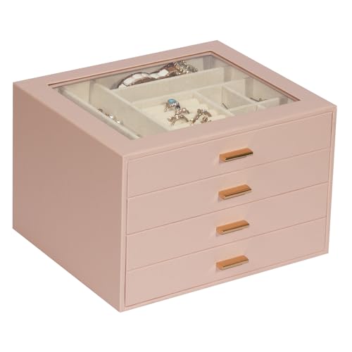 Jewelry Box with Glass Lid, 4-Layer Jewelry Organizer for Women Girls, PU Leather Display Case with 20-Grid Earring Tray & Movable Dividers for Necklaces Rings,Pink - color: Pink, size: 4-Layer