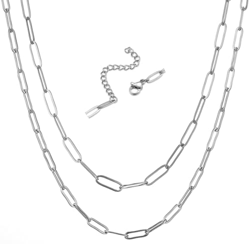 RWQIAN 18k Gold Paperclip Chain Link Necklace Dainty Paperclip Link Chain Layered Necklace Oval Link Chains Necklaces Set for Women Girls - color: 18K Silver-Paperclip Chain