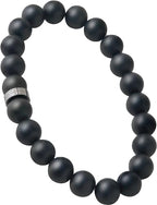 Forge & Foundry Men’s Matte Black Solid Onyx Beaded Bracelet | 10mm, 8mm, 6mm Bead Size Options | Signature Stainless Steel Engraved Bead | Andalus - color: 8mm Silver, size: Medium