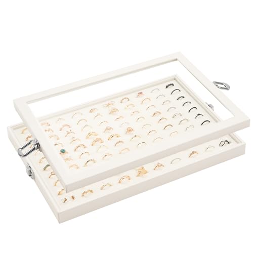 Lolalet Jewelry Organizer Tray with Lid, 100 Grids Velvet Ring Organizer Holder Storage Box for Drawer -Beige - style: Ring