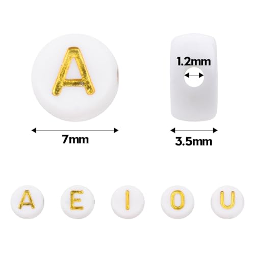 600Pcs Flat Round Vowel Letter Beads 7x4mm with Letter A E I O U Gold Letters White Acrylic Beads for Jewelry Making with Colorful Smiling Faces and Heart - color: Mixed Gold