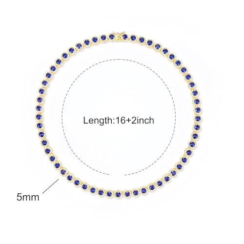 Gemsme 18K White Gold Plated Halo Necklace 5.0mm Round Cubic Zirconia Classic Tennis Necklace - color: Yellow Gold - Blue, size: 16 inch