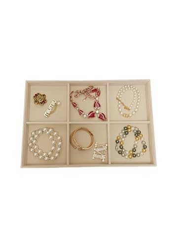 Beige Jewelry Organizer Tray 6 Compartment, Stackable Display Tray for Necklaces Bracelets Brooches Watches, Removable Dividers, Pebble Texture Finish, Drawer Insert Home Retail Trade Show - color: 6 Grid Jewelry Tray