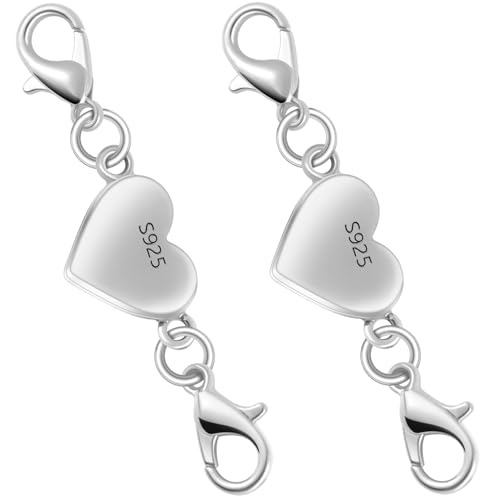 925 Silver Heart-Shaped Magnetic Necklace Clasps and Closures, Magnetic Clasp Converter for Jewelry Making Supplies,Chain Extender Connector for Necklace Bracelet (2pcs Silver) - color: 2pcs silver
