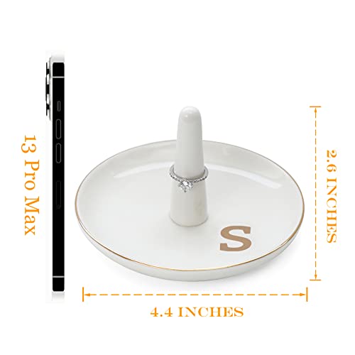 HOME SMILE Initials Ring Holder Jewery Tray with personalized S-Monogrammed Engagement Gifts for Friends,Birthday Mother's Day Christmas Gifts for Women,Ceramic White - style: S