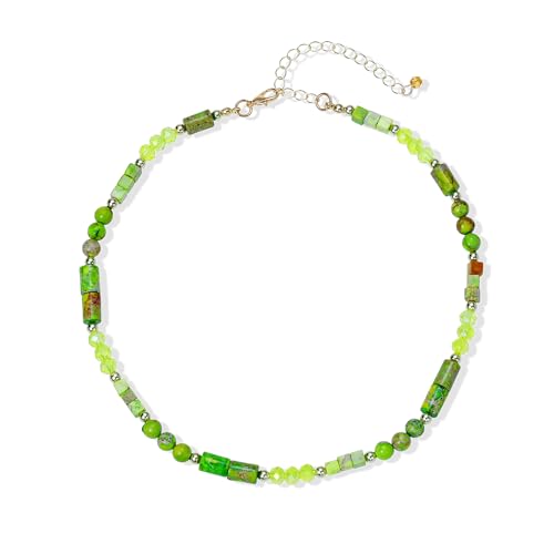 Elisheva Natural Stone Choker Necklace for Women, Boho Natural Emperor Jasper Stone Lace Agate Beaded Crystal Necklace, Gemstone Jewelry Gift for Her - style: Green/Choker