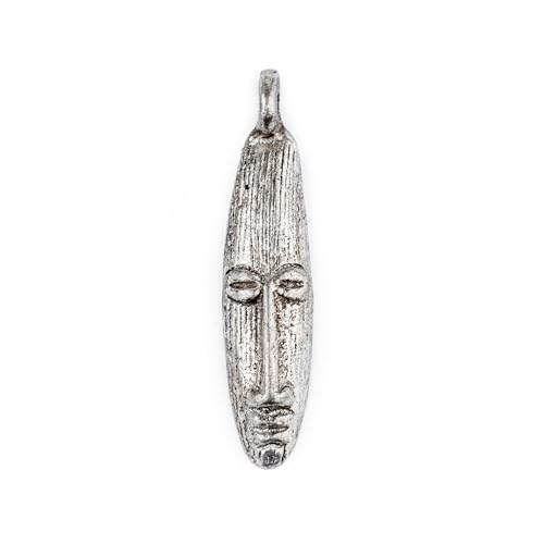 TheBeadChest Elongated Silver Mask Pendant from Africa (9x40mm): Genuine West African Mask Design for DIY Jewelry & Necklaces - color: Silver, size: Elonaged Charm (45x10mm)