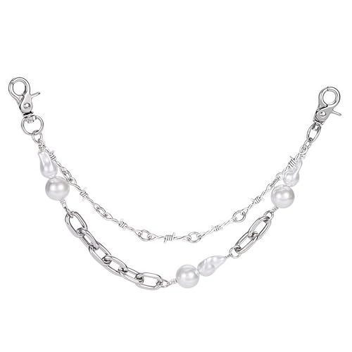 Layered Punk Pants Chain for Men Women, Gothic Hip Hop Jean Chain Wallet Chain Biker Trouser Chain, Goth Emo Fashion Keychain Accessories - color: 2L-6 Pearls