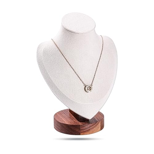 7" Real Walnut Jewelry Necklace Bust Display Stand for Vendors - Beige Microfiber - Wooden Mannequin Chain Holder - Small - color: Beige, size: 7.0" Tall, style: Walnut