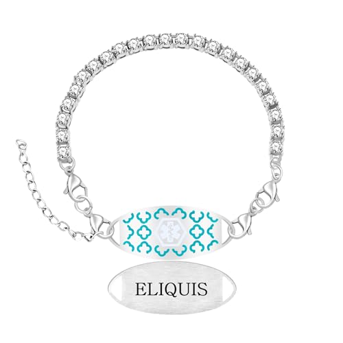 Women's Medical ID Bracelet with White Zircon Tennis Chain, Interchangeable Engraved Plate, Adjustable Lobster Clasp, Lightweight, Hypoallergenic, for Running, Outdoor, Daily Wear - color: Green-ELIQUIS