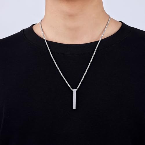 Fiusem Pendant Necklace for Men, Silver Tone/14k Gold Plated/Black Mens Pendant Necklaces with 2.5 mm Box Chain, Stainless Steel Bar Chain, 18-28 Inches - color: silver, size: 20 Inches, style: Pierced Rectangle