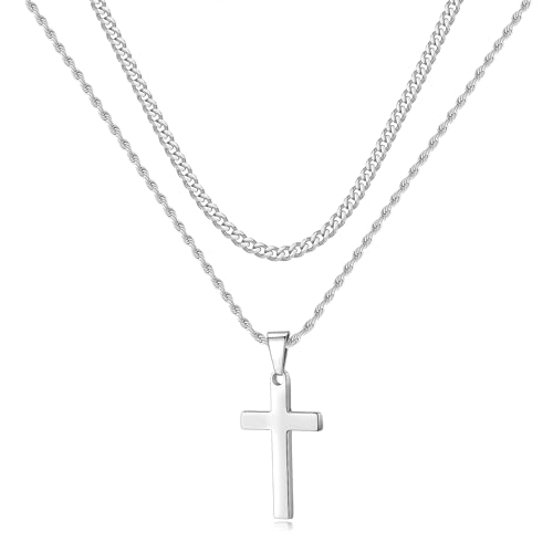 LUXEJEW Cross Necklace for Men Boys - Gold Silver Black Stainless Steel Cross Pendant Necklaces Layered Cuban Link Chain Necklace Jewelry Gifts 16 18 20 22 24 Inches - color: Silver, size: 18in/20in, style: Style B-Small Pendant-Buckle