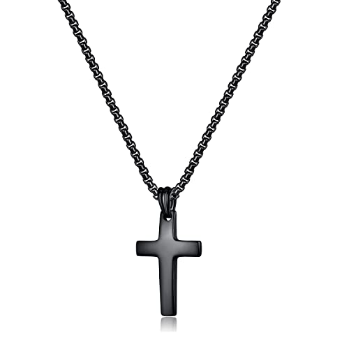 REVEMCN Black Gold Silver Cross Necklace for Boys Stainless Steel Mens Cross Pendant Chain Necklace for Men Women Religious Jewelry Gifts for Boys Girls Chain 16-24 Inches - color: Black - cambered cross pendant, size: 22 inches