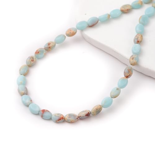 6×8mm Natural Azure Imperial Jasper Gemstone Loose Beads Flat Oval Healing Crystal Loose Stone Beads for Jewelry Necklace Bracelet Earring Craft - color: Azure Imperial Jasper