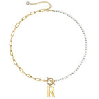 Yoosteel Pearl Initial Necklace for Women, Dainty Pearl Chain Choker Initial Necklaces for Women Toggle Clasp Paperclip Link Chain Necklace Jewelry Gifts - color: Gold, style: R