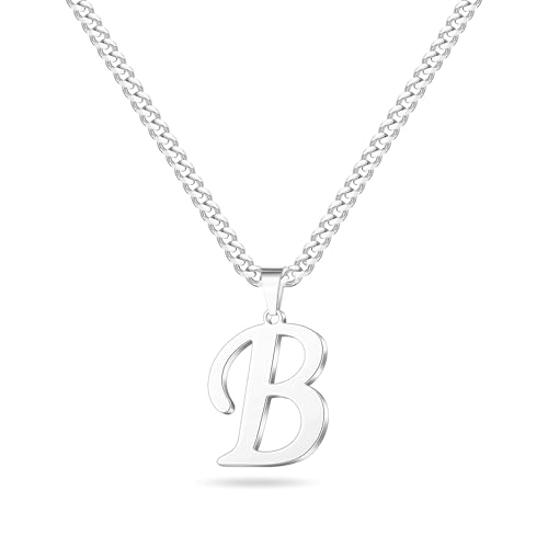 LUXEJEW Initial A-Z Letter Necklace for Men Boys Women, Stainless Steel Cuban Link Chain Letter Pendant Necklaces Capital Monogram Necklace Jewelry Gifts for Men 20+2 Inches - color: Silver, size: Letter B