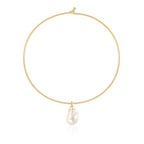 Aobei Pearl 18K Gold Plated Cuff Choker Necklace for Women Chunky Wire Chain Collar Jewelry - style: Round Wire Baroque Pearl