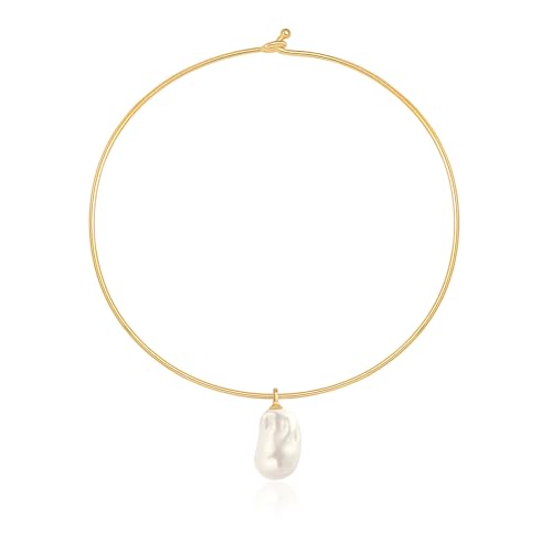 Aobei Pearl 18K Gold Plated Cuff Choker Necklace for Women Chunky Wire Chain Collar Jewelry - style: Round Wire Baroque Pearl