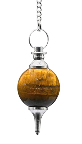 Amazing Gemstone Tiger Eye Crystal Ball Pendulum for Divination - Dowsing Pendulum Necklace with Chain and Quartz Bead for Reiki Healing and Crystal Grid Meditation - color: Tiger Eye