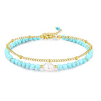 Peridot Stand Silver Gold Bracelets, Handmade Birthstone Stack Bracelet Crystal Gemstones Bead Chain Gift for Women, 8" - color: Gold-Turquoise Pearl