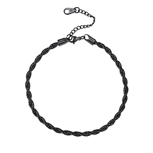 U7 Women Girls Barefoot Jewelry 18K Gold or Rose Gold Stainless Steel Heart/Rope/Figaro/Cuban Chain Anklet Foot Bracelet, 25-30 CM Long - color: Black-3mm-Rope Chain