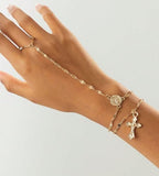 YEEZII Gold Hand Chain Bracelets for Women, 2 Pcs 14k Gold Plated Cubic Zirconia Link Chain Bracelet Set, Trendy ring bracelet hand chain Jewelry for Her - color: Gold-E
