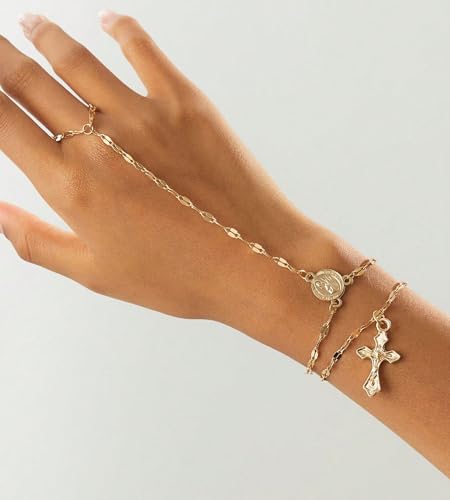 YEEZII Gold Hand Chain Bracelets for Women, 2 Pcs 14k Gold Plated Cubic Zirconia Link Chain Bracelet Set, Trendy ring bracelet hand chain Jewelry for Her - color: Gold-E