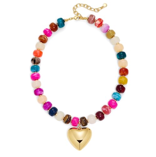 Gold Heart Pendant Necklaces for Women Colorful Acrylic Resin Beaded Choker Necklace Fashion Chunky Statement Beaded Heart Necklace - color: Colorful