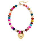 Gold Heart Pendant Necklaces for Women Colorful Acrylic Resin Beaded Choker Necklace Fashion Chunky Statement Beaded Heart Necklace - color: Colorful