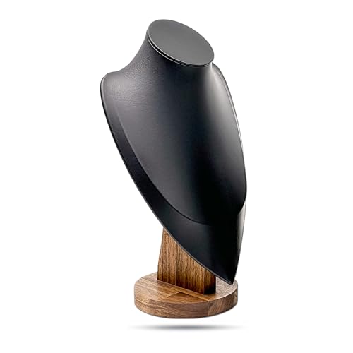 11.5" Real Walnut Jewelry Necklace Bust Display Stand for Vendors - Black Faux Leather - Wooden Mannequin Chain Holder - Large - color: Black, size: 11.5" Tall, style: Walnut