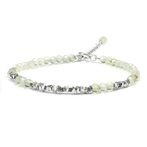 Natural Crystal Cut Bead Bracelet, 925 Silver Faceted Gemstone Jewelry for Women, Handmade Chakra Design Gift for Birthday Christmas Daily Wear - color: Green Prehnite