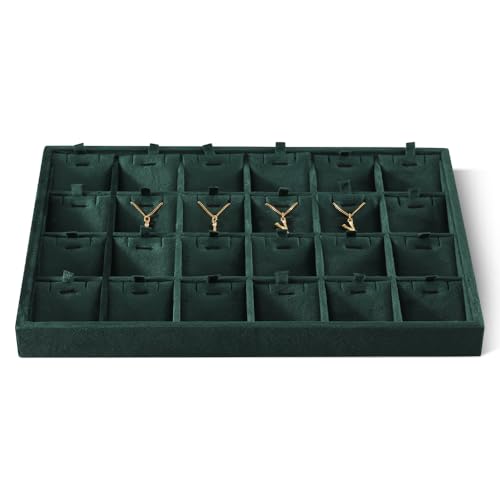 Velvet Necklace Display Tray, Stackable 24 Grid Insert Pendant Necklaces Storage Holder Plate, Jewelry Retail Countertop Organizer (Green) - color: Green, size: 24 Slot Necklace Tray