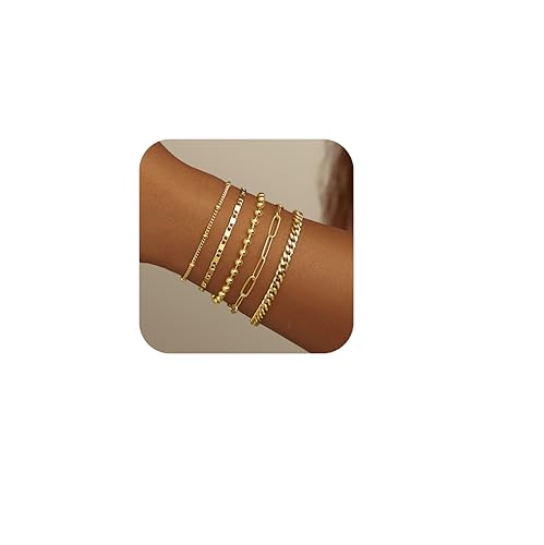 Gold Bracelets Set for Women Stack, Chunky Thick Bracelets Stack for Women Trendy, Simple Dainty Thin Gold Plated Cuff Stackable Bracelets With Beaded Cuban Paperclip Snake Rope Bangle Hand Chain Jewelry - style: Style 03-gold