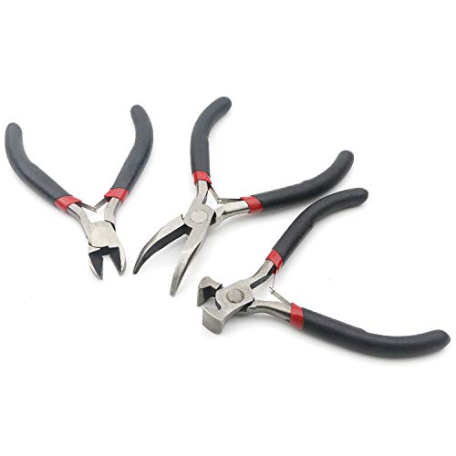 3Pcs Mini Pliers Set-5 Inch Bent Nose Pliers, 4.5 Inch End Cutting Nipper, 5 Inch Diagonal Pliers DIY Jewelry Tool Sets (Black)