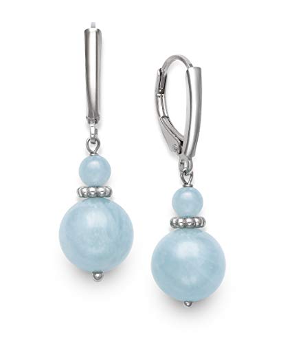 Belacqua Natural Round Gemstone Beaded Dangle Drop Earrings in Sterling Silver, Jade, Aquamarine, Black Onyx or Rose Quartz, Jewelry for Women, 1.5 Inches - Length, Leverback, Gift Box Included - color: Milkly Aquamarine