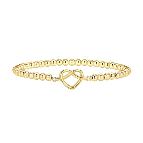 Mothers Day Gifts - Beaded Bracelets for Women 14K Silver Gold Plated Stretch Handmade Ball Bracelets Cute Charm Bracelet Dainty Stackable Cross Heart Bow Wave CZ Circle Trendy Jewelry Easter Gifts - color: knot-heart