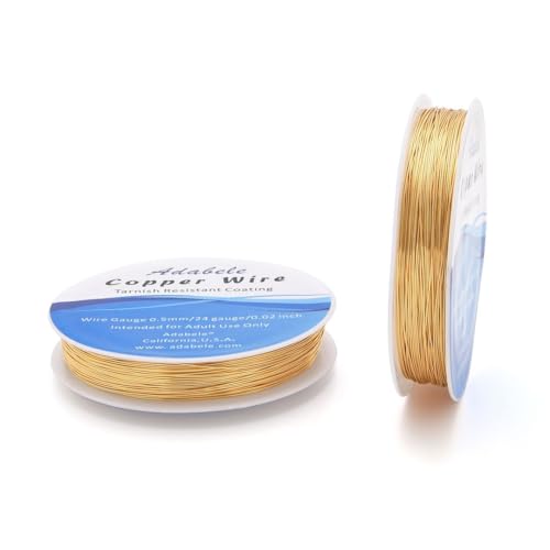 Adabele 147 Feet Premium Tarnish Resistant Round Jewelry Wire Copper Beading Wire Spool Bulk (0.5mm/24 Gauge) 18K Gold Plated for DIY Craft Jewelry Making BF286-5 - color: 18K Yellow Gold/Light Gold, size: 0.5mm (24 gauge) wire - 1 Roll