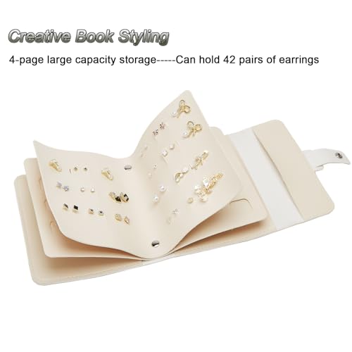 LAKE OF FIRE Earring Holder Organizer with Foldable Book Design Jewelry Book Organizer, Portable Pu Leather Travel Earring Case(Beige) - color: Beige