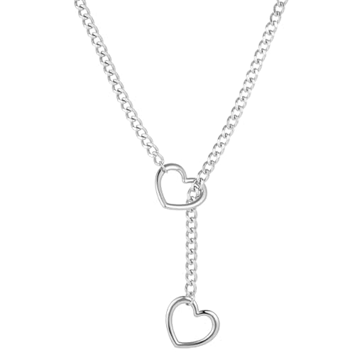 sroyte Heart Slip Chain Necklaces for Women,Stainless Steel O-Ring Adjustable Lariat Y-Necklace,Punk Gothic Cuban Collar Choker Necklace for women - color: Silver Heart, size: 31"
