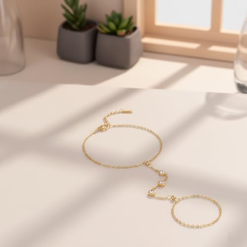 Gold Bracelets for Women Hand Chain Bracelet Stack Stainless Steel Non Tarnish Beach Jewelry Dainty Womens Bracelets Summer Essentials Trendy Handchain Link Bracelets for Women - color: Gold Chain with Zirconia